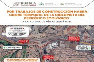 Ciclopista &ldquo;Perif&eacute;rico Ecol&oacute;gico-V&iacute;a Atlixc&aacute;yotl&rdquo;, permanecer&aacute; cerrado por obra