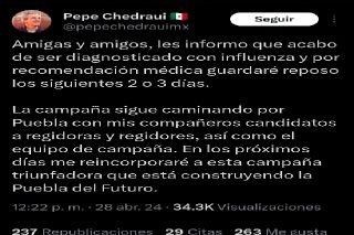 Pepe Chedraui se ausentar&aacute; de campa&ntilde;a por Influenza