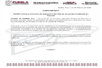 CEEAVI activa protocolos de atenci&oacute;n a familiares de pareja localizada en Tlaxcala