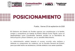 ​Expr&eacute;sa Gobierno de Puebla condolencias por el deceso de Rub&eacute;n Alberto Curiel Tejeda